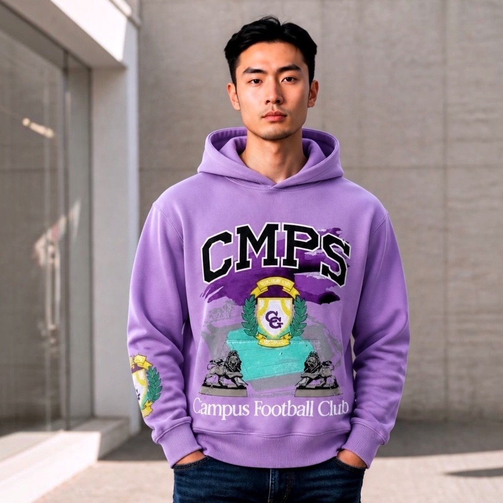 Campus Goods CMPS Football Club Purple Graphic Hoodie Mens Medium NEW